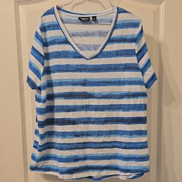 Onque Casuals Tops - Onque Casual Blue and White Striped V-Neck Top With Silver Stud Accents